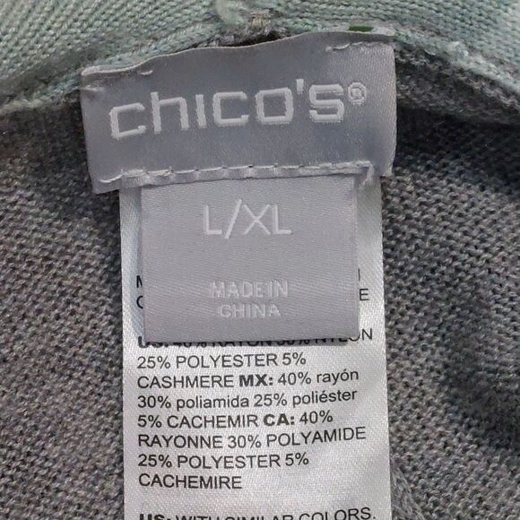 Chicos Women's L/XL Tipped Ruana Wrap Cashmere Blend Poncho Heather Gray Green - Picture 5 of 9